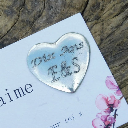 Personalised Heart Pocket Token, French Love Token, Je T’Aime, With Initials. Handmade in Fine Pewter, by William Sturt