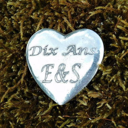 Personalised Heart Pocket Token, French Love Token, Je T’Aime, With Initials. Handmade in Fine Pewter, by William Sturt