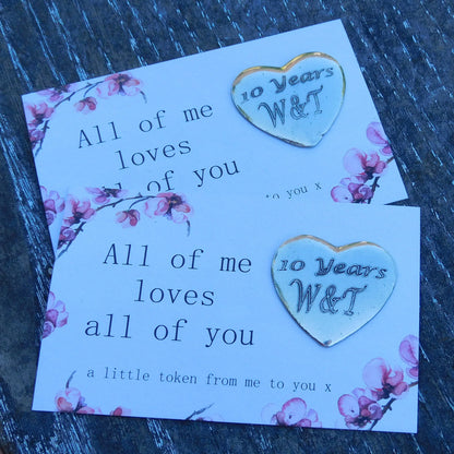 Personalised Heart Pocket Token, With Initials, For 10 Years Anniversary, Initial Hearts, Handmade in Fine Pewter, by William Sturt
