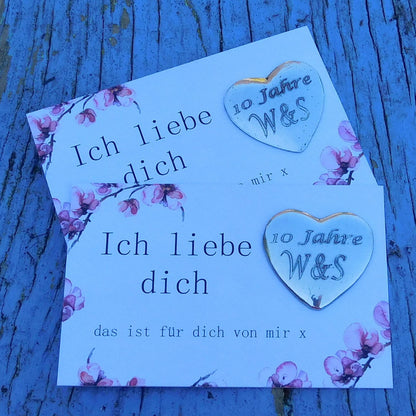Two Personalised Heart Pocket Tokens, His and Hers, Ich Liebe Dich,  10 Years Anniversary, Handmade in Fine Pewter, by William Sturt