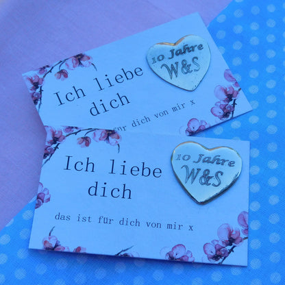 Two Personalised Heart Pocket Tokens, His and Hers, Ich Liebe Dich,  10 Years Anniversary, Handmade in Fine Pewter, by William Sturt