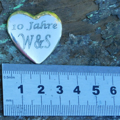 Two Personalised Heart Pocket Tokens, His and Hers, Ich Liebe Dich,  10 Years Anniversary, Handmade in Fine Pewter, by William Sturt
