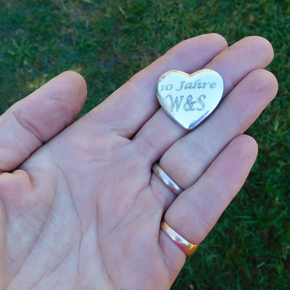 Two Personalised Heart Pocket Tokens, His and Hers, Ich Liebe Dich,  10 Years Anniversary, Handmade in Fine Pewter, by William Sturt