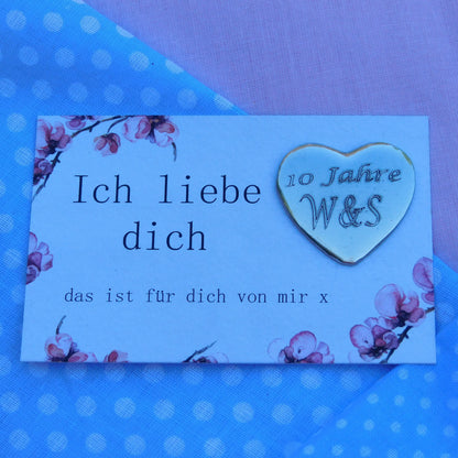 Personalised Heart Pocket Token, Ich Liebe Dich,  10 Years Anniversary, Handmade in Fine Pewter, by William Sturt