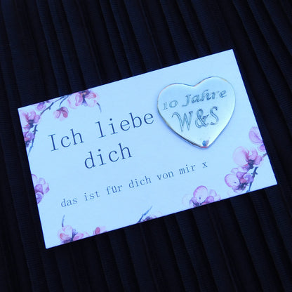 Personalised Heart Pocket Token, Ich Liebe Dich,  10 Years Anniversary, Handmade in Fine Pewter, by William Sturt