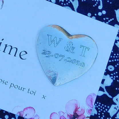 Personalised Heart Pocket Token, French Love Token, Je T’Aime, Handmade in Fine Pewter, by William Sturt