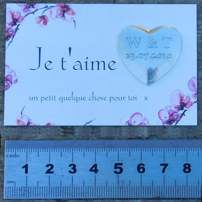 Two Personalised Heart Pocket Tokens, His and Hers French Love Token, Je T’Aime, Handmade in Fine Pewter, by William Sturt