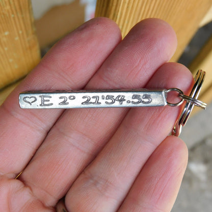 Personnalised Keyring, Bar Coordinates Keyring, Date Keyring, Handmade in Finest Pewter, by William Sturt