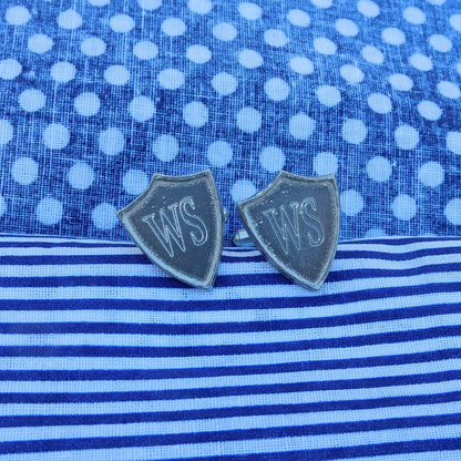 Personalised Shield Cufflinks, Handcast Pewter Cufflinks, Polished Finish