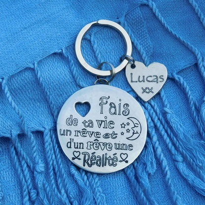 French Dream Keyring, Fais de ta Vie un Rêve, et d'un Rêve, une Réalité, Personnalised Keyring, Handmade, in Fine Pewter, by William Sturt