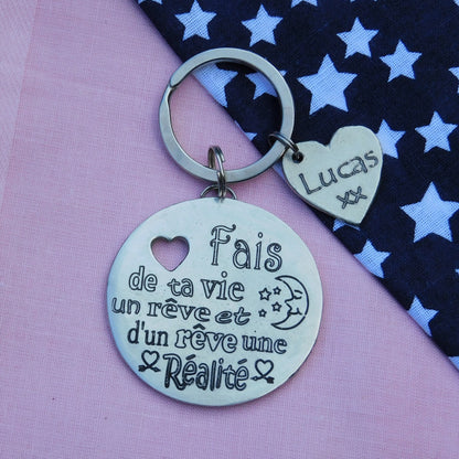 French Dream Keyring, Fais de ta Vie un Rêve, et d'un Rêve, une Réalité, Personnalised Keyring, Handmade, in Fine Pewter, by William Sturt