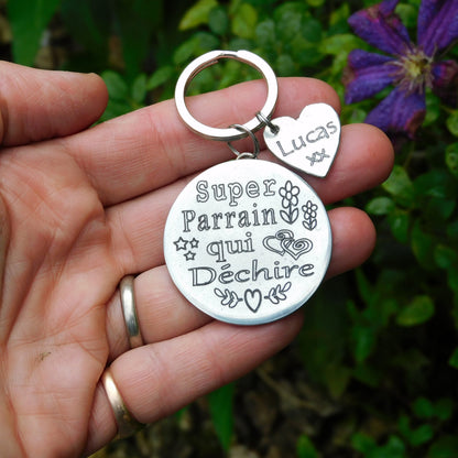 French Godfather Keyring, Super Parrain Qui Déchire, Personnalised Keyring, Handmade, in Finest Pewter, by William Sturt