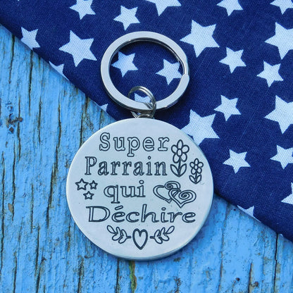 French Godfather Keyring, Super Parrain Qui Déchire, Personnalised Keyring, Handmade, in Finest Pewter, by William Sturt