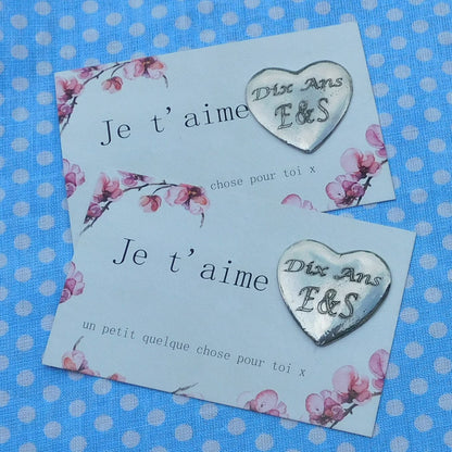 Two Personalised Heart Pocket Tokens, His and Hers French Dix Ans (10 Years) Wedding Anniversary, Handmade in Fine Pewter, by William Sturt