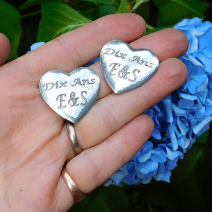 Two Personalised Heart Pocket Tokens, His and Hers French Dix Ans (10 Years) Wedding Anniversary, Handmade in Fine Pewter, by William Sturt