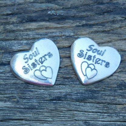 Two Soul Sisters Heart Tokens, Soul Sisters Pocket Tokens, Handmade in Fine Pewter, by William Sturt