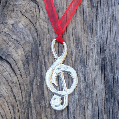 Treble Clef Christmas Decoration, Musical Tree Decoration, Handmade, in Finest Pewter, by William Sturt