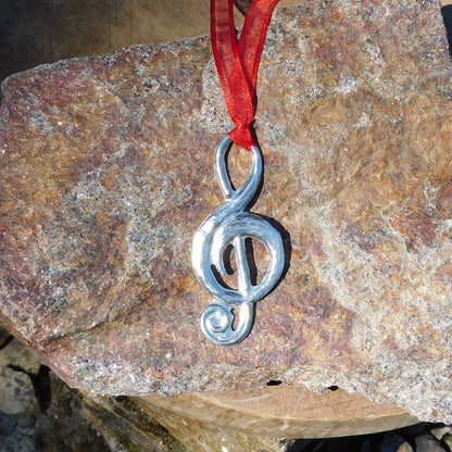 Treble Clef Christmas Decoration, Musical Tree Decoration, Handmade, in Finest Pewter, by William Sturt
