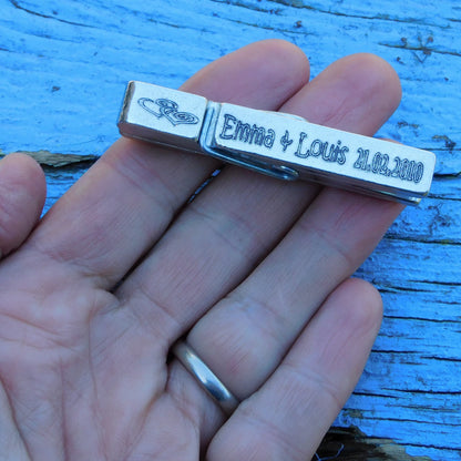 Personalised Anniversary Clothes Peg, Personalised Peg Picture Holder, Handmade, in Finest Pewter, by William Sturt