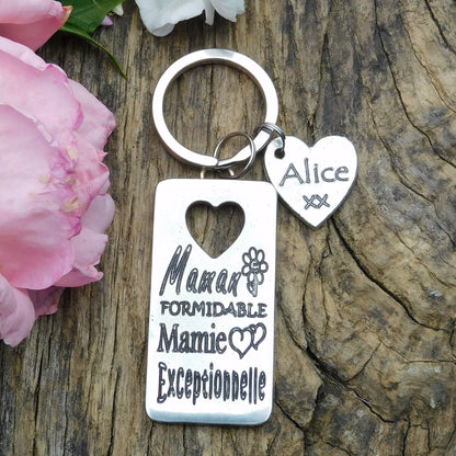 French Granny Keyring, Maman Formidable Mamie Exceptionnelle, Personnalised Keyring, Handmade, in Finest Pewter, by William Sturt