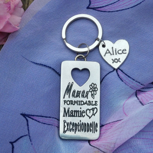 French Granny Keyring, Maman Formidable Mamie Exceptionnelle, Personnalised Keyring, Handmade, in Finest Pewter, by William Sturt