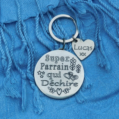 French Godfather Keyring, Super Parrain Qui Déchire, Personnalised Keyring, Handmade, in Finest Pewter, by William Sturt
