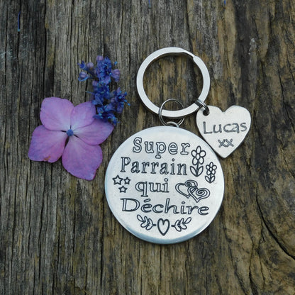 French Godfather Keyring, Super Parrain Qui Déchire, Personnalised Keyring, Handmade, in Finest Pewter, by William Sturt