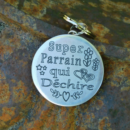 French Godfather Keyring, Super Parrain Qui Déchire, Personnalised Keyring, Handmade, in Finest Pewter, by William Sturt