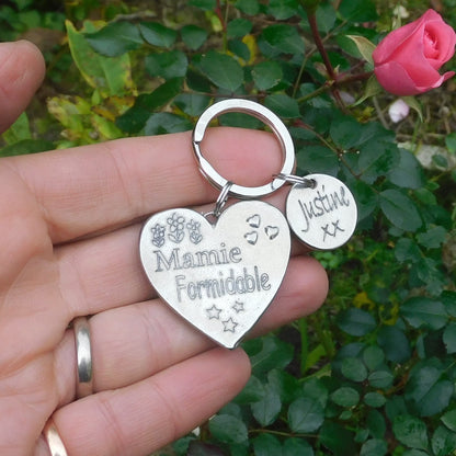 Heart Keyring Mamie Formidable, Personnalised Keyring, French Granny Keyring, Handmade, in Finest Pewter, by William Sturt