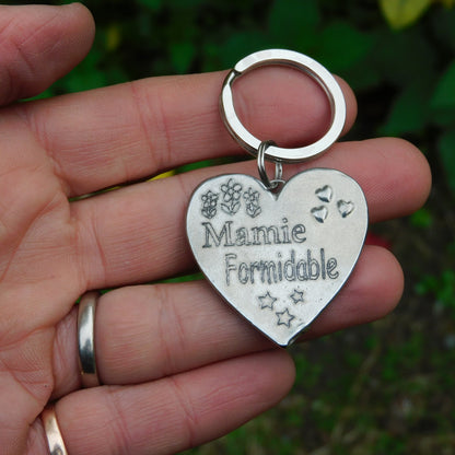 Heart Keyring Mamie Formidable, Personnalised Keyring, French Granny Keyring, Handmade, in Finest Pewter, by William Sturt