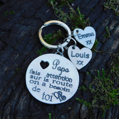 French Keyring, Papa Fais Attention Sur La Route, Personnalised Keyring, French Papa Keyring, Handmade, in Finest Pewter, by William Sturt