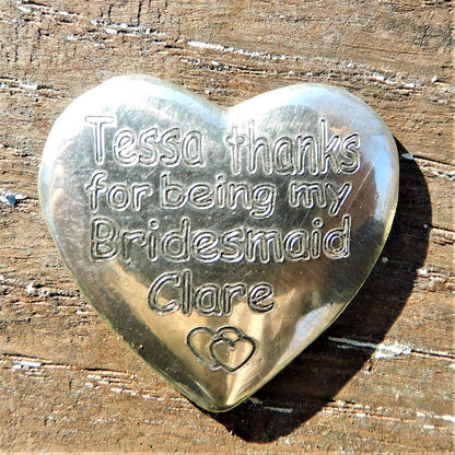Personalised Bridesmaid Thank You Token, Bridesmaid Heart Token, Handmade, in Finest Pewter, by William Sturt.
