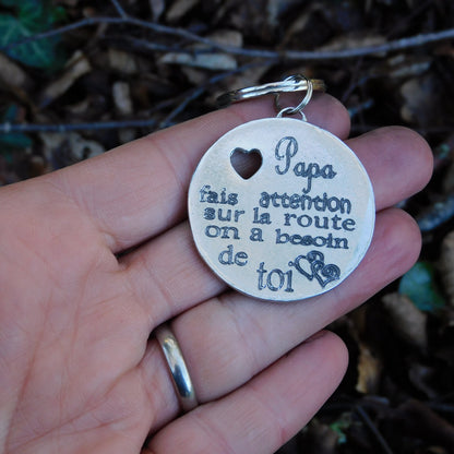 French Keyring, Papa Fais Attention Sur La Route, Personnalised Keyring, French Papa Keyring, Handmade, in Finest Pewter, by William Sturt