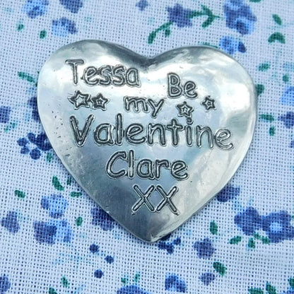 Valentine's Day Heart , Personalised Love Pocket Token, Handmade, in Finest Pewter, by William Sturt