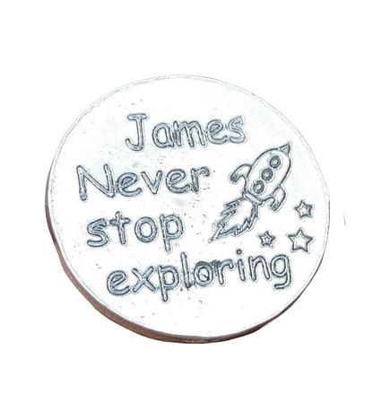 Compass Pocket Token with Message Card, Personnalised Pocket Token, Never Stop Exploring, Handmade, in Finest Pewter, by William Sturt