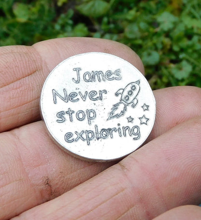 Compass Pocket Token with Message Card, Personnalised Pocket Token, Never Stop Exploring, Handmade, in Finest Pewter, by William Sturt