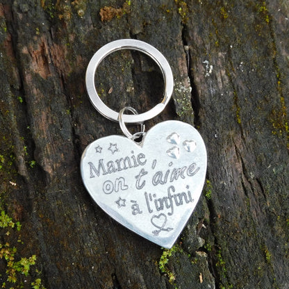 Heart Keyring Mamie Je T'Aime A L'Infini, Personnalised Keyring, French Granny Keyring, Handmade, in Finest Pewter, by William Sturt