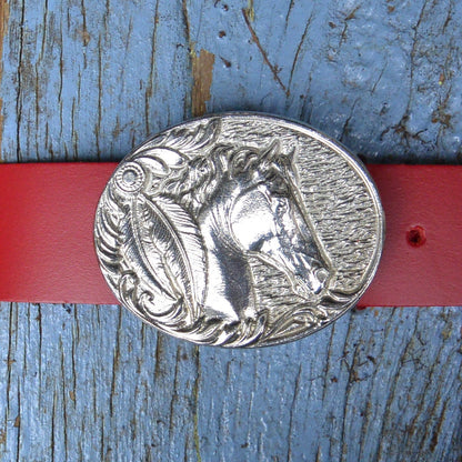 Red Leather Belt, Horse Buckle in Hand Cast Pewter, by William Sturt