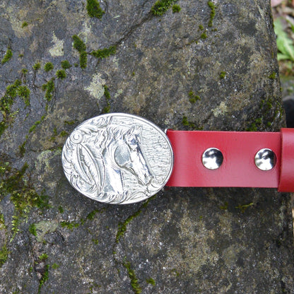 Red Leather Belt, Horse Buckle in Hand Cast Pewter, by William Sturt