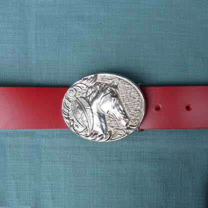Red Leather Belt, Horse Buckle in Hand Cast Pewter, by William Sturt