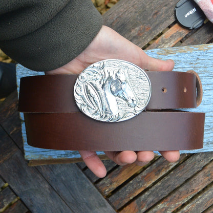 Red Leather Belt, Horse Buckle in Hand Cast Pewter, by William Sturt