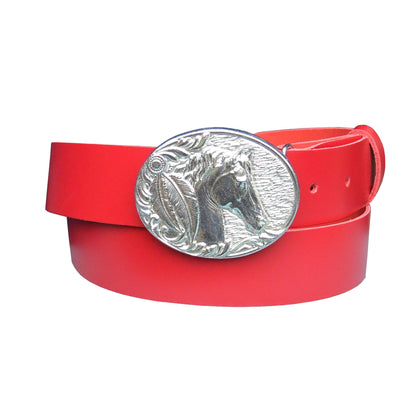 Red Leather Belt, Horse Buckle in Hand Cast Pewter, by William Sturt