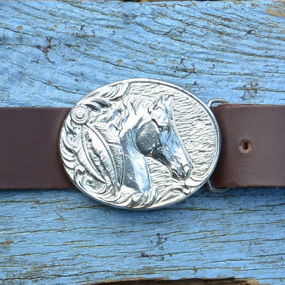 Brown Leather Belt, Cheval Buckle in Hand Cast Pewter, by William Sturt
