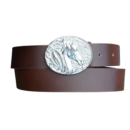 Brown Leather Belt, Cheval Buckle in Hand Cast Pewter, by William Sturt