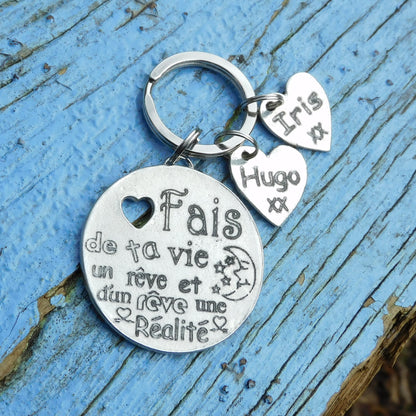 Personnalised Keyring, French Dreams Come True Keyring, Fais De Ta Vie Un Rêve et D'Un Rêve Une Réalité, Handmade Pewter, by William Sturt