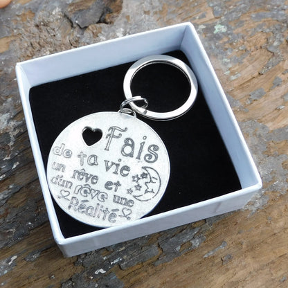 Personnalised Keyring, French Dreams Come True Keyring, Fais De Ta Vie Un Rêve et D'Un Rêve Une Réalité, Handmade Pewter, by William Sturt