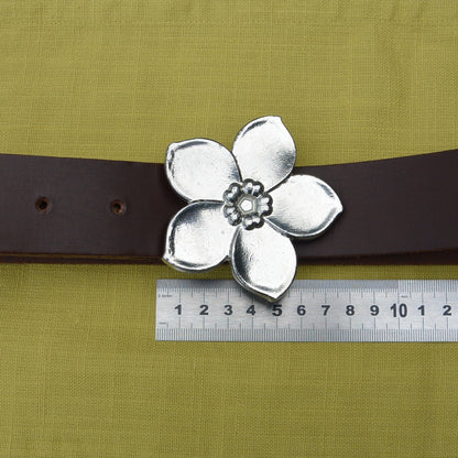 Brown Leather Belt, Ceinture Forget Me Knot Buckle in Hand Cast Pewter, by William Sturt