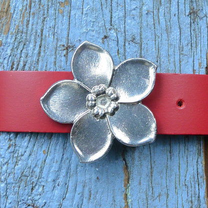 Red Leather Belt, Ceinture Forget Me Knot Buckle in Hand Cast Pewter, by William Sturt