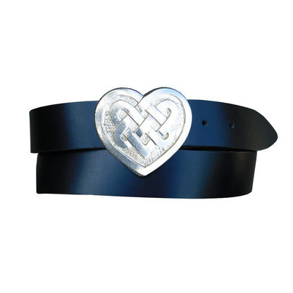 Black Leather Belt, Celtic Heart Buckle in Hand Cast Pewter, by William Sturt