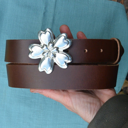 Red Leather Belt, Celtic Daisy Buckle in Hand Cast Pewter, by William Sturt